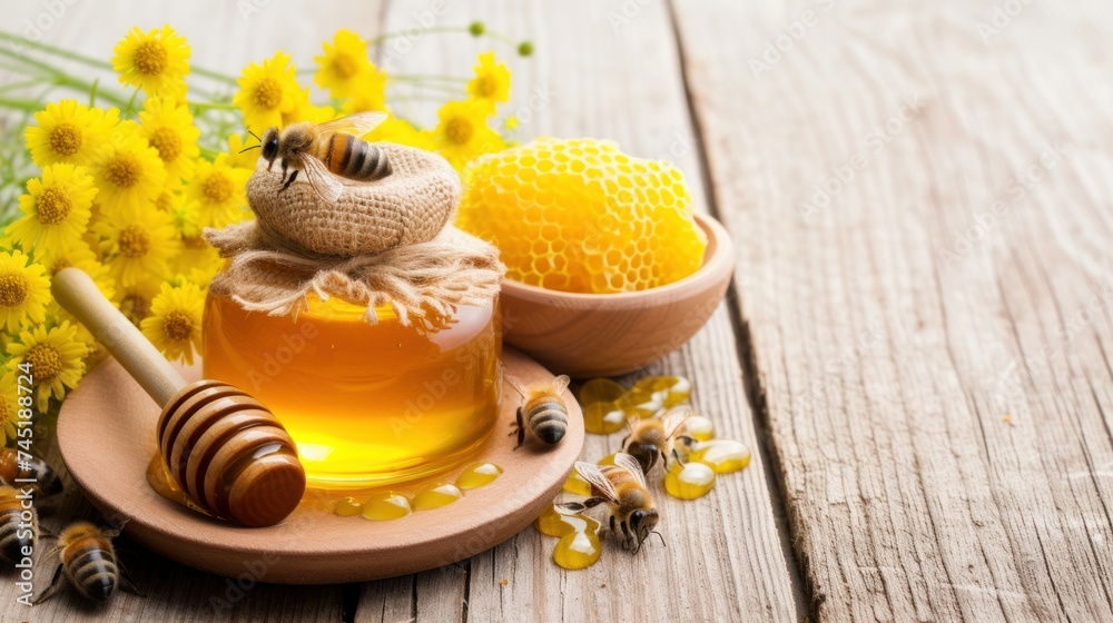 Honey jar with dipper, bees, and yellow flowers on wooden surface, symbolizing natural skincare and organic cosmetics.
