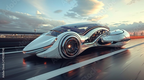 A sleek futuristic car designed with a key motif its body featuring key shaped accents gliding on a hover highway © Shutter2U
