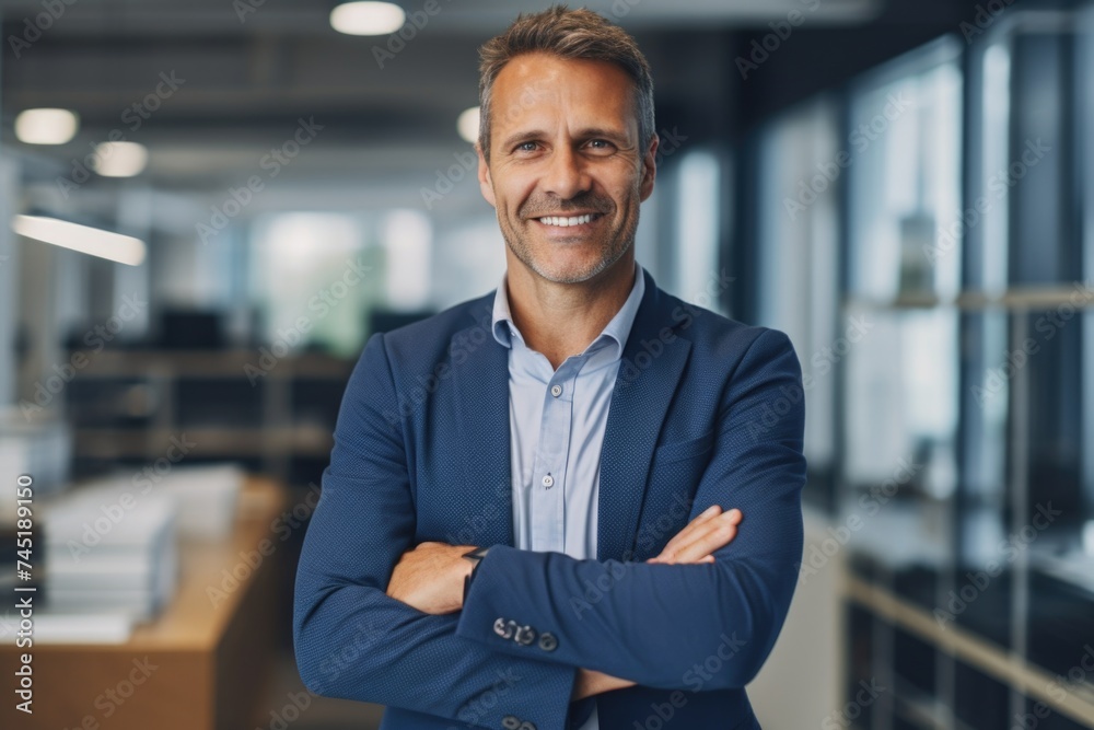 A man standing with crossed arms, wearing a blue suit. Suitable for business concepts A man standing with crossed arms, wearing a blue suit. Suitable for business concepts
