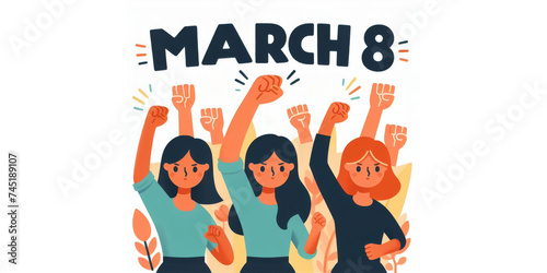 Illustration of a group of women raising their fists. International Women's day, march 8 with copy space for text. Women's rights.