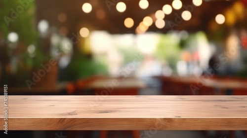 A simple wooden table with a blurred background. Ideal for product displays