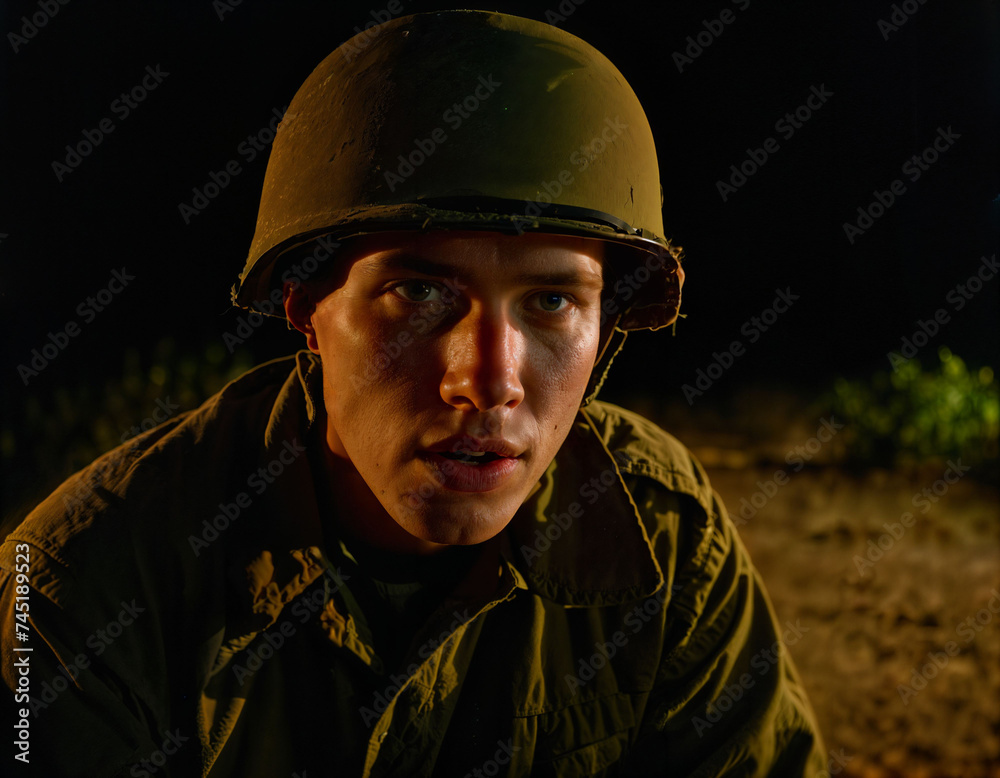 photo of intense soldier man in army outfit and helmet in serious dangerous war at night, generative AI