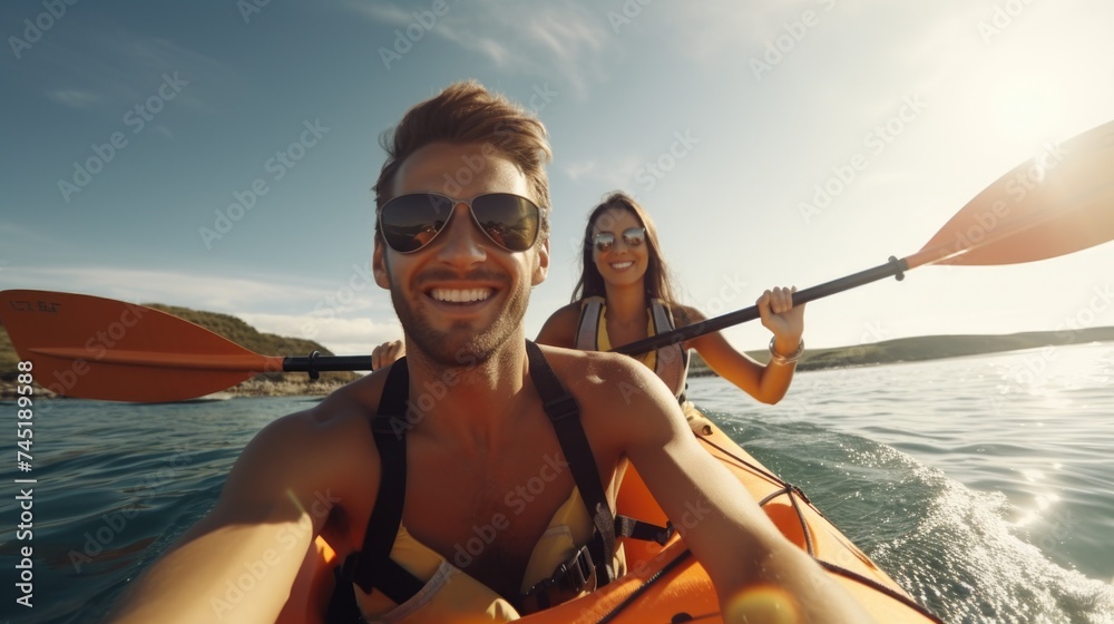 A man and a woman enjoying a kayak ride. Suitable for outdoor activities concept - obrazy, fototapety, plakaty 