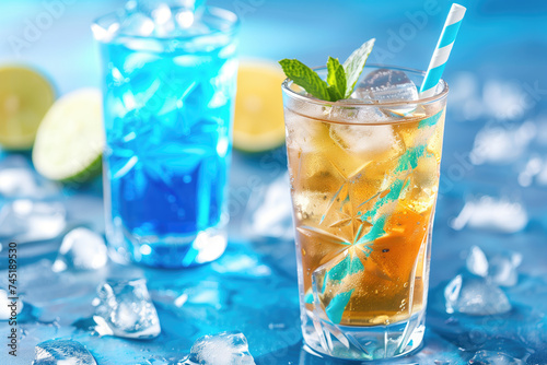 Iced tea and a blue cocktail in glasses with straws, mint garnish, and scattered ice on a vibrant blue background.