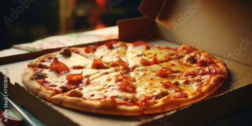 A pizza sitting in a box on top of a table. Ideal for food and restaurant concepts