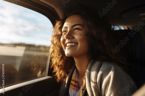 A woman sitting in a car looking out the window. Suitable for travel or transportation concepts