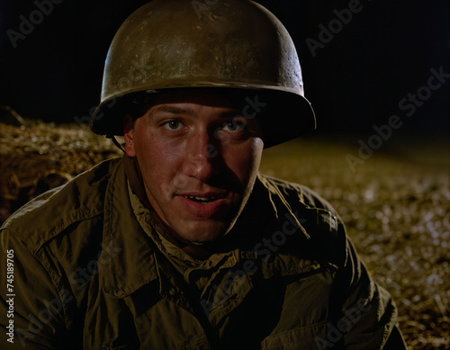 photo of intense soldier man in army outfit and helmet in serious dangerous war at night, generative AI