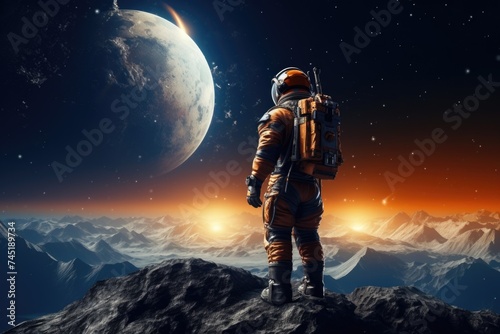 An astronaut in a space suit standing on a mountain. Great for science fiction or adventure concepts