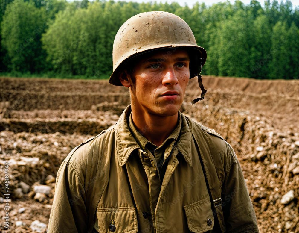 Fototapeta premium photo of intense soldier man in army outfit and helmet in serious dangerous war walking on field, generative AI
