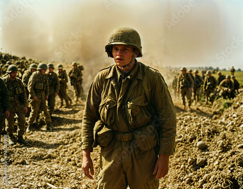 photo of intense soldier man in army outfit and helmet in serious dangerous war walking on field, generative AI photo