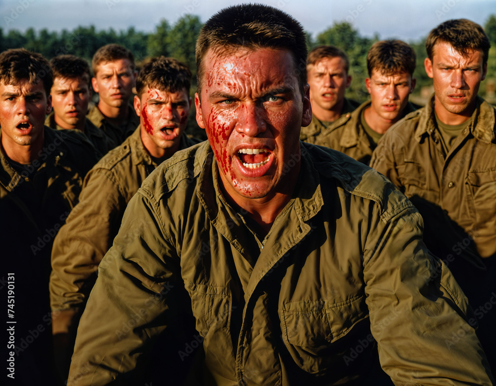 photo of intense soldier man in army outfit and helmet in serious dangerous war arguing with other, generative AI