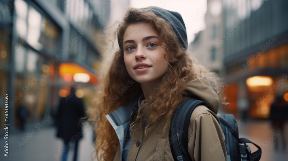 Woman with backpack walking on city street, suitable for travel and urban lifestyle concepts Woman with backpack walking on city street, suitable for travel and urban lifestyle concepts