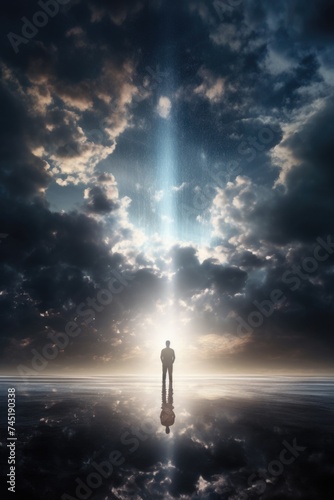 A man standing on top of a cloud covered sky. Suitable for various concepts and designs