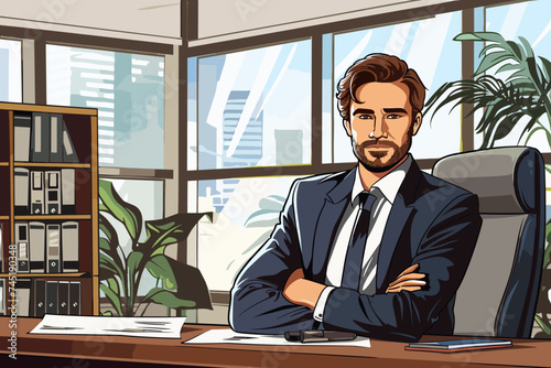 Satisfied handsome man businessman in office, cartoon style, vector