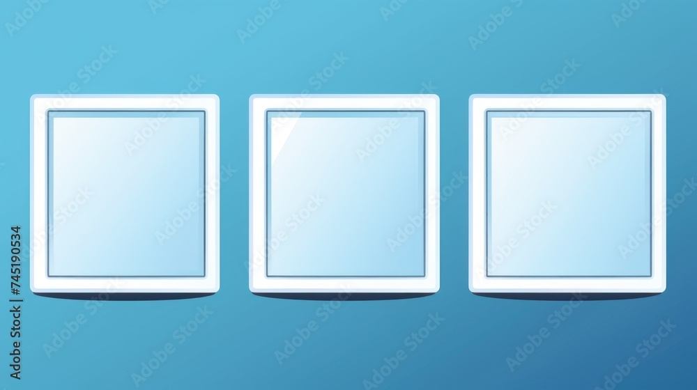 Three white picture frames against a blue background. Perfect for home decor or interior design projects Three white picture frames against a blue background. Perfect for home decor or interior design projects