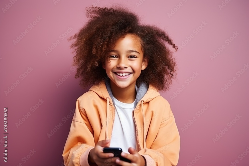 A happy young girl holding a mobile phone. Suitable for technology concept A happy young girl holding a mobile phone. Suitable for technology concept