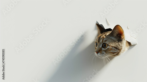 Cute cat peeking through hole in white wall. 3D rendering photo