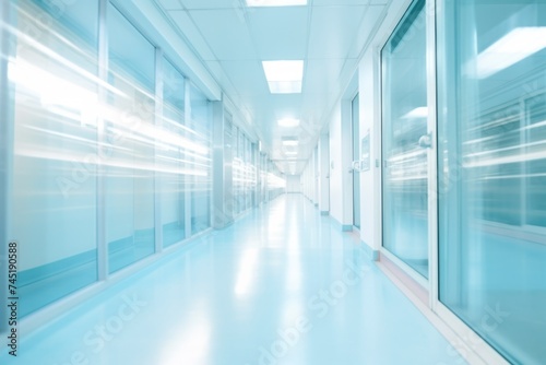 A deserted hospital hallway with blue floors, suitable for medical and healthcare concepts