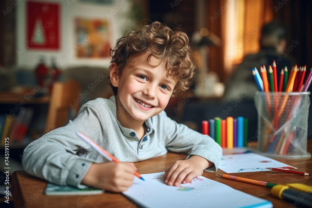 A young boy sitting at a table with a pencil and paper. Suitable for educational and creative concepts - obrazy, fototapety, plakaty 