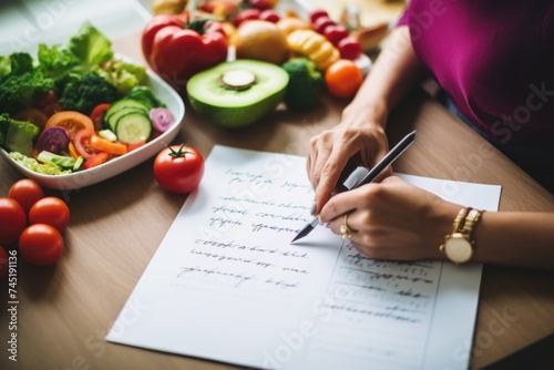 Woman writing a recipe on a paper, perfect for food blogs or cooking websites