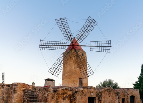 historic windmill in the country town of Algaida in the interior of Mallorca at sunrise