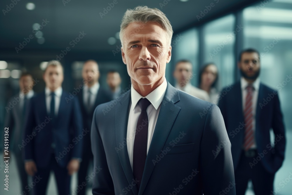 A man in a suit standing in front of a group of people. Ideal for business presentations