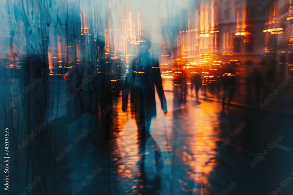 A group of individuals, their figures obscured by a blurred effect, are seen walking down a bustling city street amidst the hustle and bustle of urban life