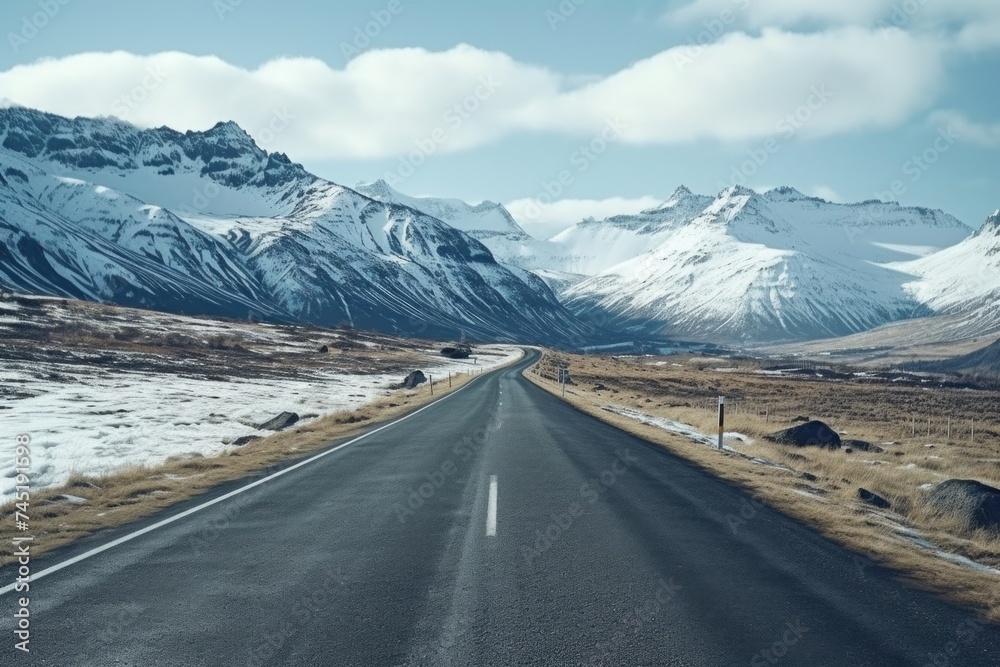 Naklejka premium A serene image of an empty road with majestic mountains in the background. Perfect for travel or nature-themed designs