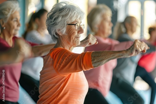 A diverse group of older women gracefully practice yoga poses together in a brightly lit gym, focusing on strength, flexibility, and mindfulness