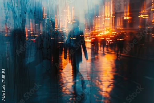 A group of individuals  their figures obscured by a blurred effect  are seen walking down a bustling city street amidst the hustle and bustle of urban life