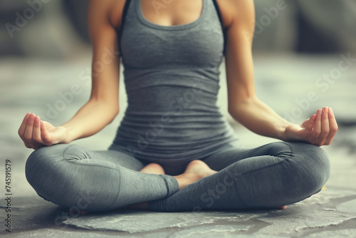 Close-up of a person in a meditative yoga pose with hands in a mudra, wearing gray athleisure, against a blurred background.