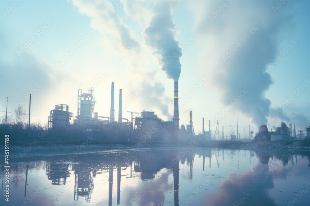Industrial factory with smoke emissions, suitable for environmental themes