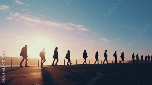 Group of people crossing bridge at sunset. Suitable for travel or teamwork concepts