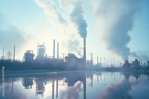 Industrial factory with smoke emissions  suitable for environmental themes