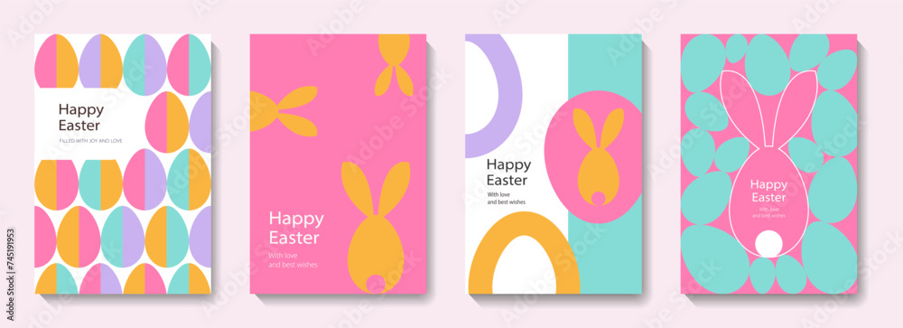 Set of Happy Easter cards in modern minimalistic style with geometric shapes, eggs. Trendy editable vector template for greeting card, poster, banner, invitation, social media post. Set of Happy Easter cards in modern minimalistic style with geometric shapes, eggs. Trendy editable vector template for greeting card, poster, banner, invitation, social media post.