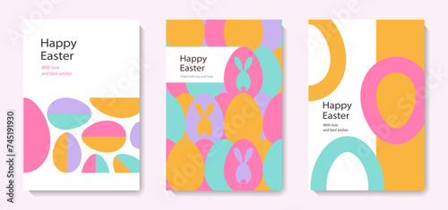 Set of Happy Easter cards in modern minimalistic style with geometric shapes, eggs. Trendy editable vector template for greeting card, poster, banner, invitation, social media post. 