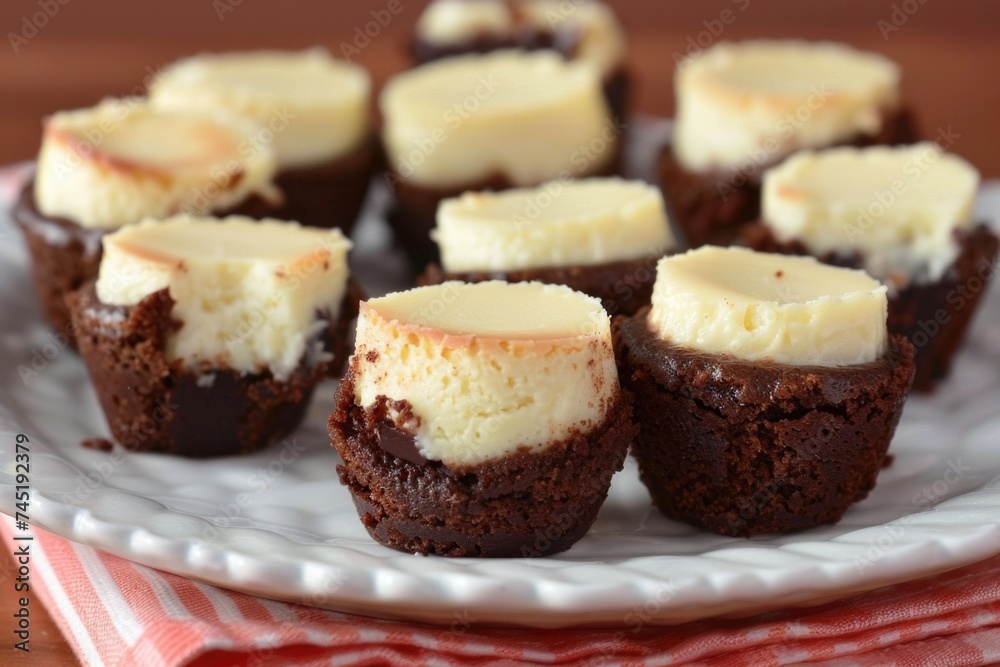 A white plate is filled with chocolate cupcakes adorned with a generous layer of fluffy white frosting, creating a visually appealing and tempting treat A white plate is filled with chocolate cupcakes adorned with a generous layer of fluffy white frosting, creating a visually appealing and tempting treat
