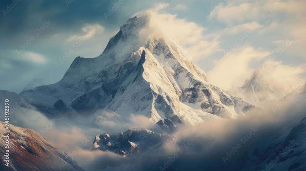 Snow-covered mountain under cloudy sky. Ideal for travel blogs - obrazy, fototapety, plakaty 