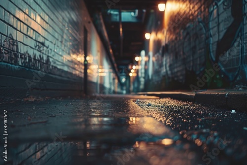 A dark alleyway illuminated by the shimmering raindrops scattered on the ground, creating a moody and atmospheric scene