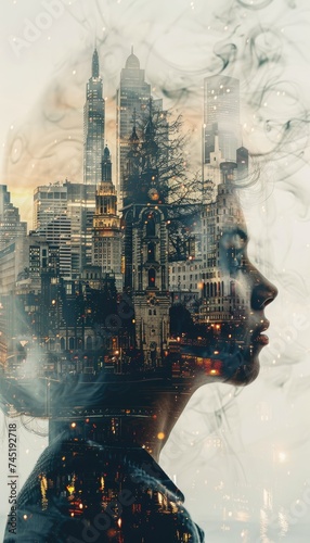 A city skyline merged with the intricate pattern of a person's face in a double exposure portrait © PinkiePie
