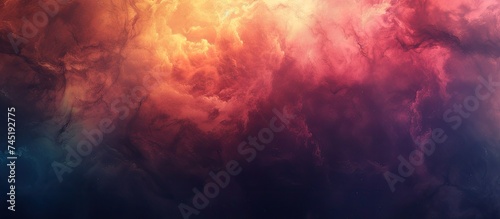 A vibrant painting showcasing a colorful cloud dominating the sky, featuring a blend of bright hues and shades. The cloud appears dynamic and full of movement, set against a clear blue sky.