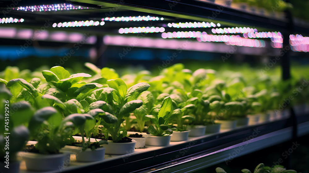 Vertical Farming Rack with Green Plants Growing in a Hydroponics System. LED Lamps Producing Ultraviolet Artificial Sunlight. Modern Agriculture Technology with Sustainable Use of Green Energy Vertical Farming Rack with Green Plants Growing in a Hydroponics System. LED Lamps Producing Ultraviolet Artificial Sunlight. Modern Agriculture Technology with Sustainable Use of Green Energy