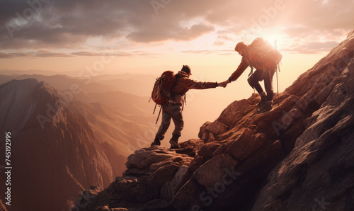 Two fiernds - hikers on the mountain top. Help each other to reach the mountain top © Filip