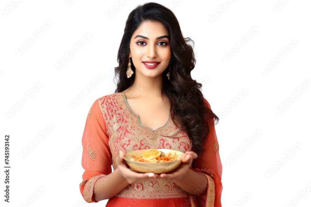 A beautiful young woman holding a bowl of food. Perfect for food and nutrition concepts