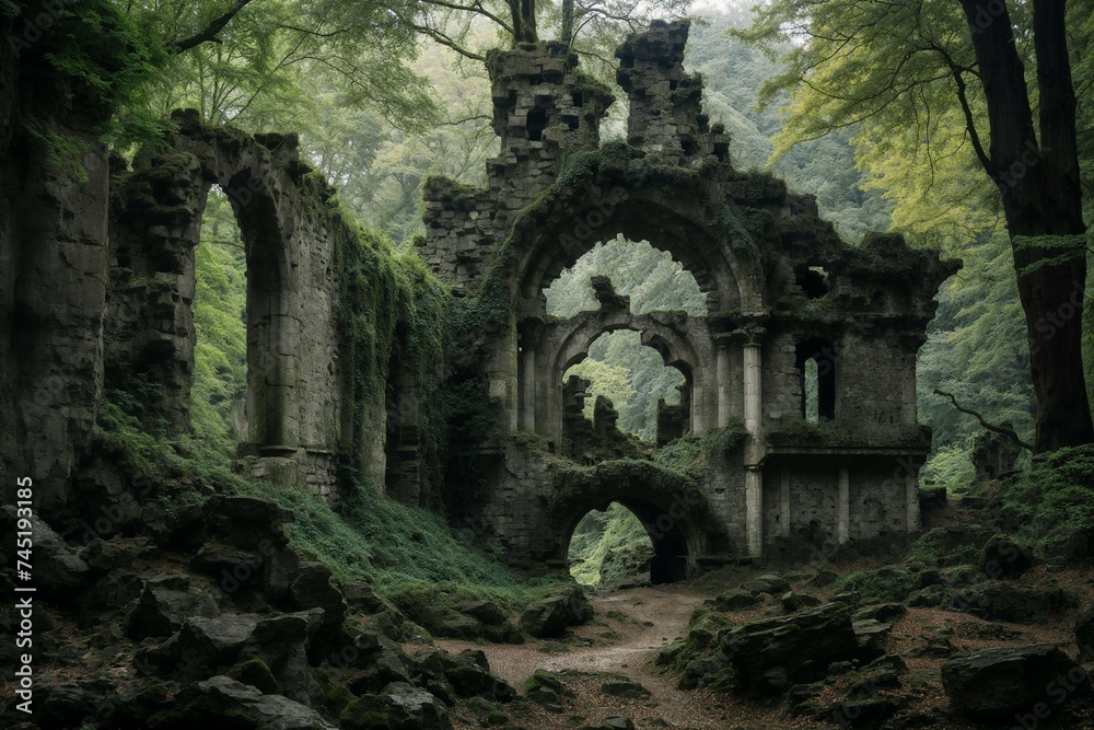 Ancient Castle Ruins Shrouded in Forest Mist Ancient Castle Ruins Shrouded in Forest Mist