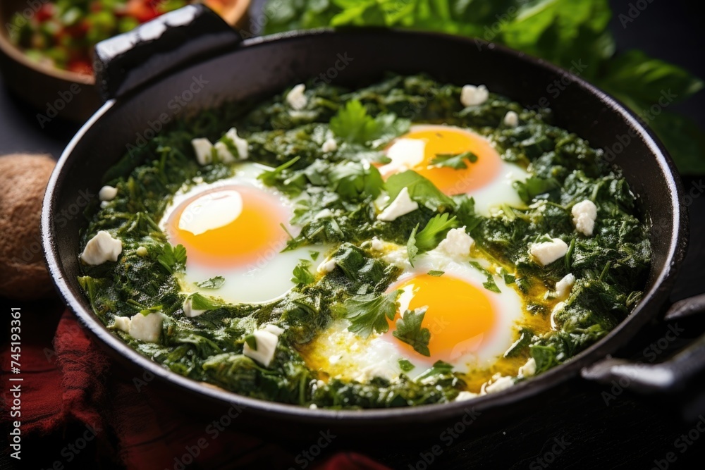 Fresh eggs and greens in a cooking pan, perfect for food blogs or recipes Fresh eggs and greens in a cooking pan, perfect for food blogs or recipes