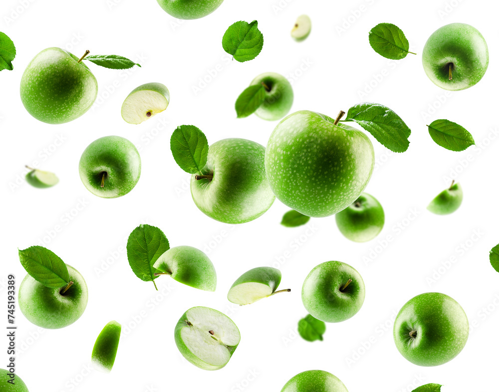 Green apples, whole quarter halves and slices with leaves, fly and levitate in space. Surround back light. Isolated on white Green apples, whole quarter halves and slices with leaves, fly and levitate in space. Surround back light. Isolated on white
