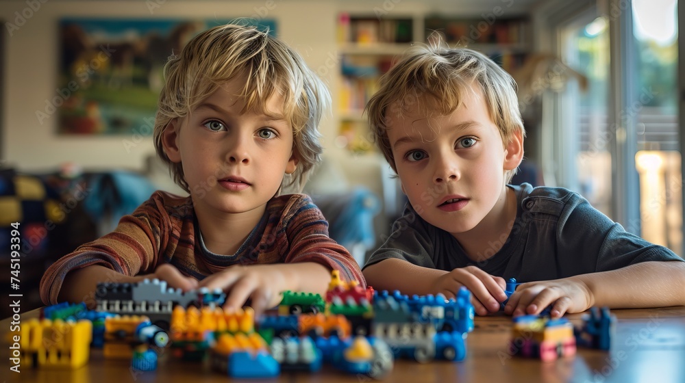 Close-up of two young boys deeply focused on playing and creating with colorful building blocks at home. ai