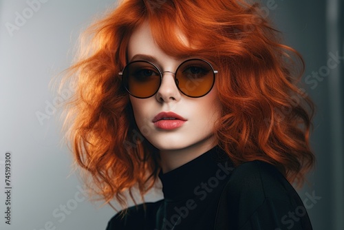 Close up portrait of a woman with red hair wearing stylish sunglasses. Perfect for fashion or summer-themed designs