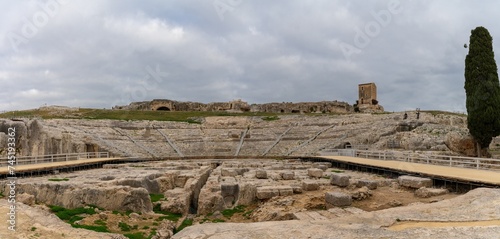 panorama view of the Greek Theater in the Neapolis Archaeological Park in downtwon Syracuse